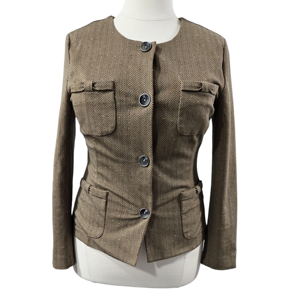 Cabi 3170 Penny Tan Brown Herringbone Fleck Collarless Blazer Academia Preppy